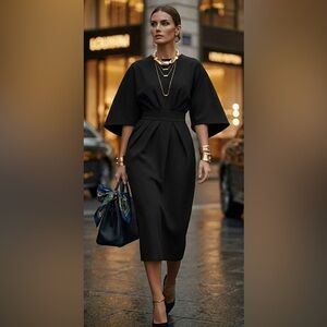 ✨ NWT Black Midi Dress Batwing Sleeve Pleated Waist XL Elegant